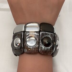 Chunky Brutalist Style Silver and Brown Cuff Bracelet